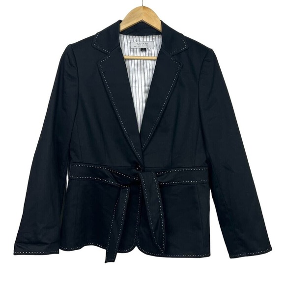 Tahari Arthur S. Levine Jackets & Blazers - Tahari Womens 10 Blazer Black Belted Contrast Stitching Career Jacket Staple